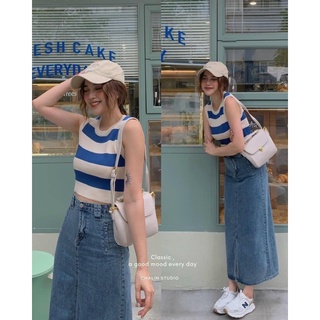 Áo croptop LEN KẺ NGANG 3 lỗ mongtogi - Áo len sát nách mongtoghi kẻ ngang dáng ngắn siêu hot Hàn Quốc