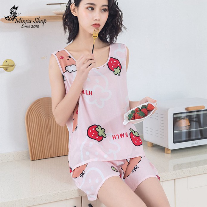 Đồ Bộ Ngủ, Mặc Nhà Sát Nách - Vải Lanh Mát Lịm Cao Cấp - Phong Cách Trẻ Trung, Cá Tính Hàn Quốc - Mã D200