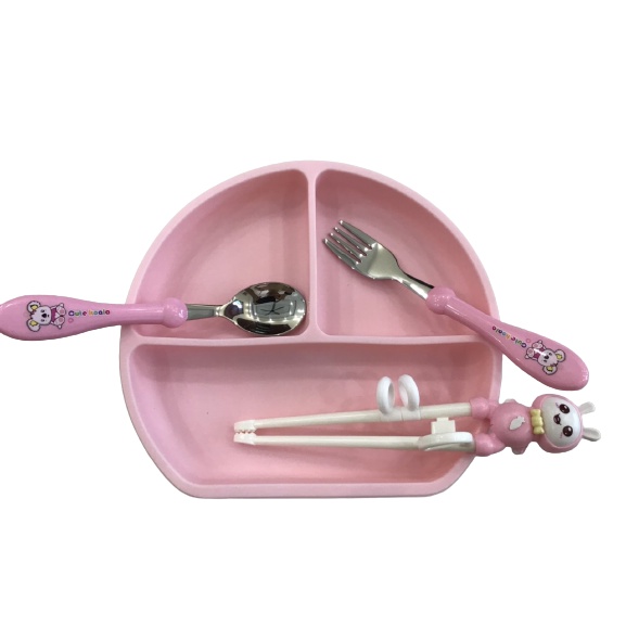 Khay ăn dặm cho bé bằng Silicon có đế hít chống đổ kèm thìa , dĩa, đũa tập ăn cao cấp