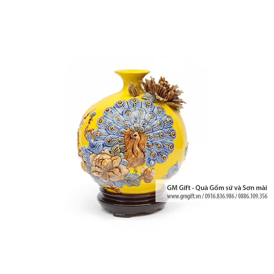 Bình Hút Tài Lộc gốm Bát Tràng - họa tiết chim công hoa đào size 22 cm - Trang trí phong thủy