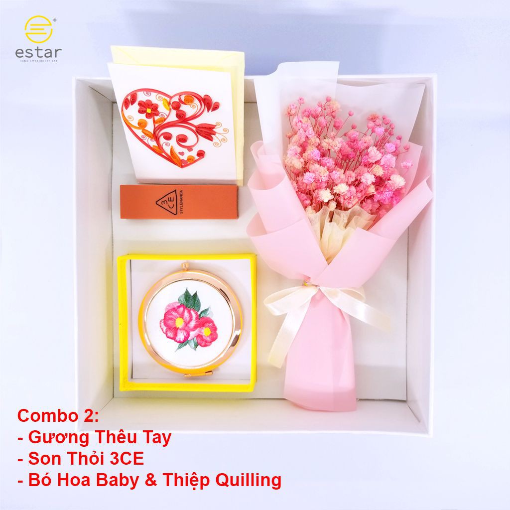 [FREESHIP] Combo Quà Tặng Sinh Nhật Bạn Gái - Gương Thêu Tay & Son 3CE - Bộ Quà Tặng 5 Món Chinh Phục Trái Tim Nàng