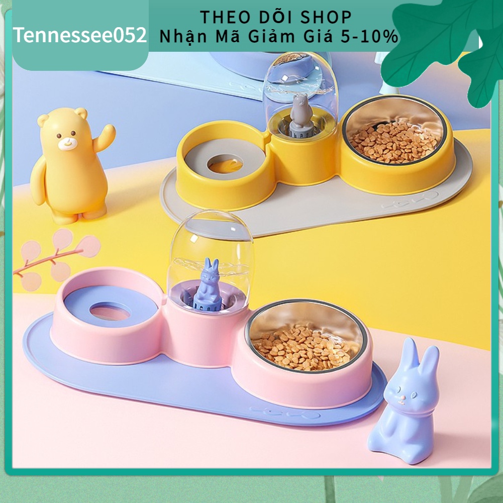 [Hàng Sẵn] Bát ăn cho mèo thú cưng hai ngăn đôi có bát inox khay bình nước tự động Hoạt hình dễ thương【Tennessee052】