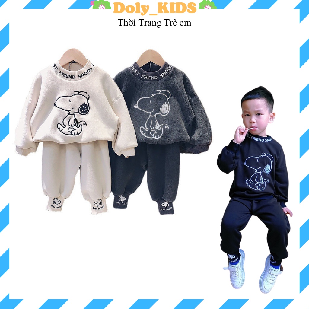 Bộ nỉ cho bé trai Doly-kids, Bộ thu đông bé trai bé gái thêu hình chú chó chất nỉ bông cực ấm từ 7- 28kg NC881