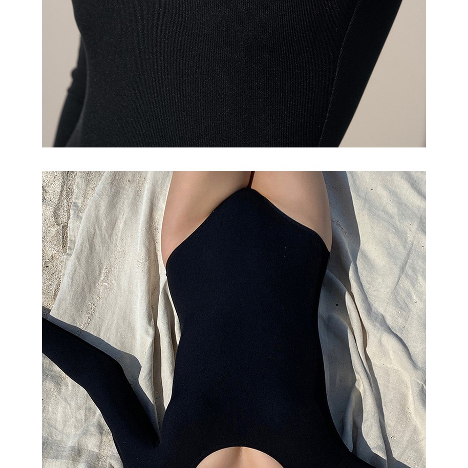 Bikini đồ bơi nữ 1 mảnh liền thân dài tay đen trơn khoét lưng ấn tượng