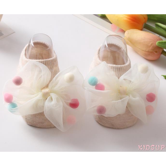 Tất ngắn chống trượt đính nơ lưới thời trang xuân thu cho bé gái