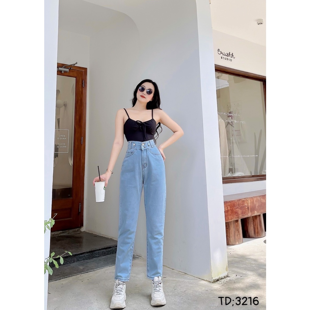 Quần baggy jean nữ lưng cao, 2 đai màu xanh jean JL32 JL JohnsonLi