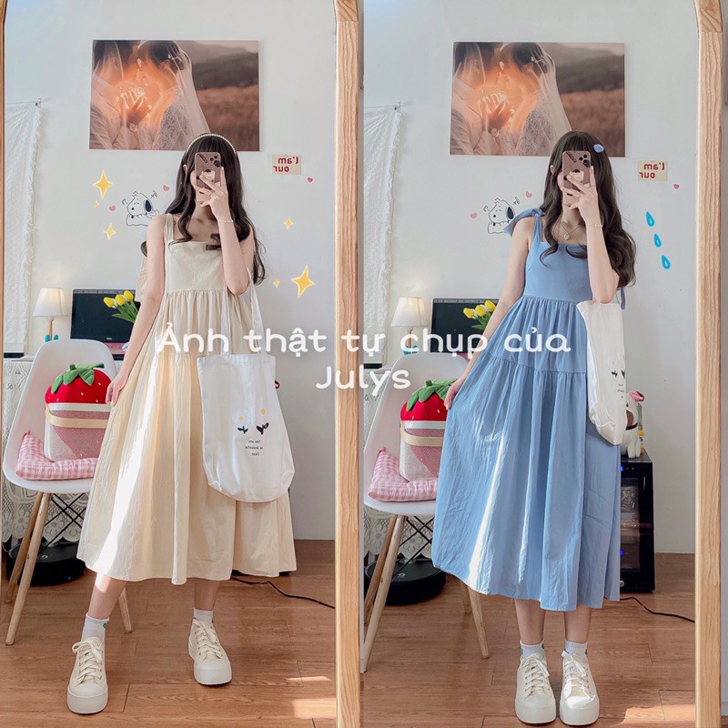 Váy hai dây bản to dáng babydoll buộc vai