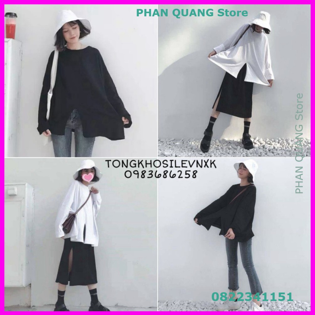 👗 ÁO THUN NỈ NỮ DÀI TAY XẺ VẠT ĐEN TRẮNG FORM RỘNG ULZZANG - (Sp sẵn) PQ-Shop