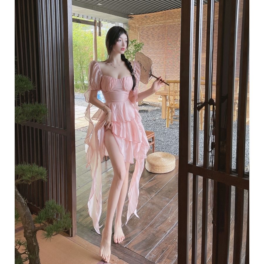 Bán Chạy!Đầm Cổ Vuông Nhún Bèo Phong Cách Sang Trọng Thời Trang Mùa Hè 2022 Dành Cho Nữ