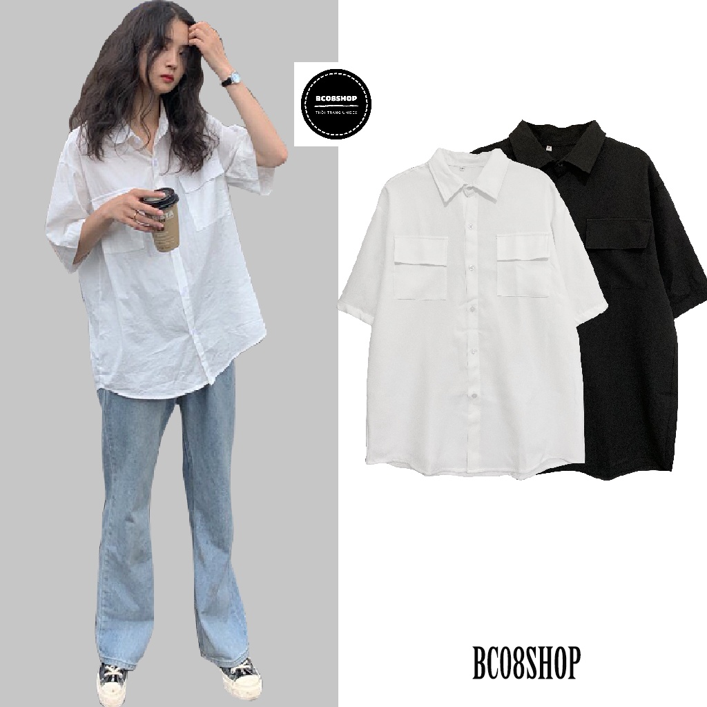 Áo Sơ Mi Túi Hộp Unisex Basic 2 màu Đen Trắng có size dáng rộng - BC102