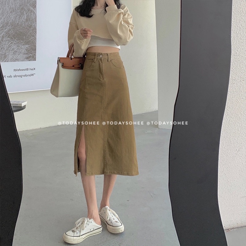 Chân váy jeans nâu rêu xẻ tà