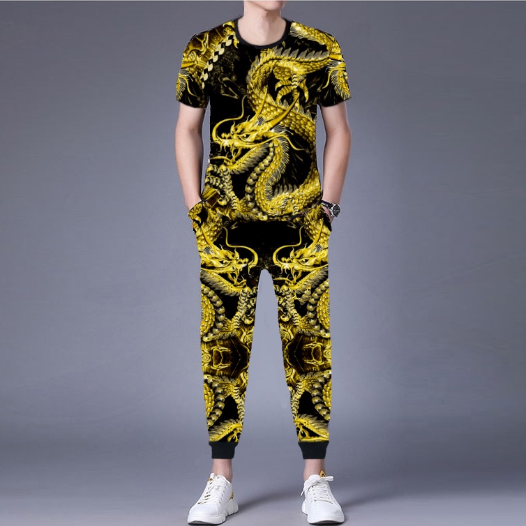 Set Đồ Thể Thao Dài Tay In Họa Tiết Rồng Hổ Thời Trang Cho Nam#Bộ Nhân Vật Lelaki Joging kemeja-t lengan panjang Lelaki Baju Olahraga Atasan dan Seluar Pakaian Peluh Lelaki percetakan hari