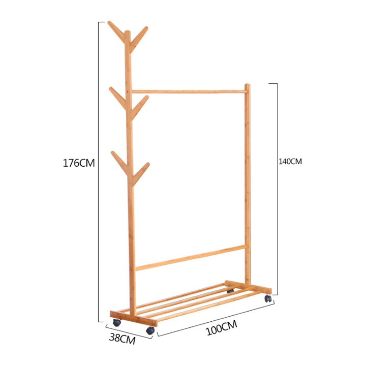 Giá treo quần áo 1 tầng bằng gỗ tự nhiên có bánh xe