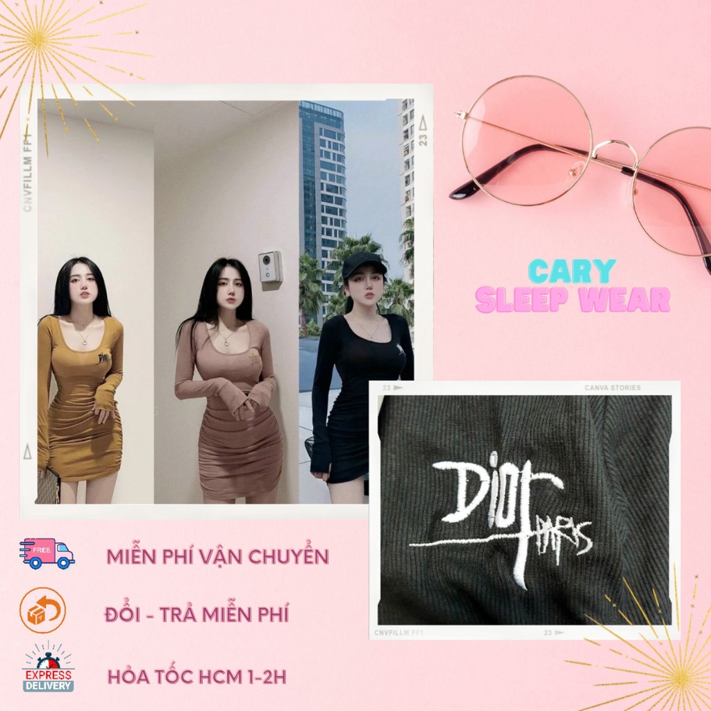 Đầm body cổ U nhún eo CARY chất thun gân tăm