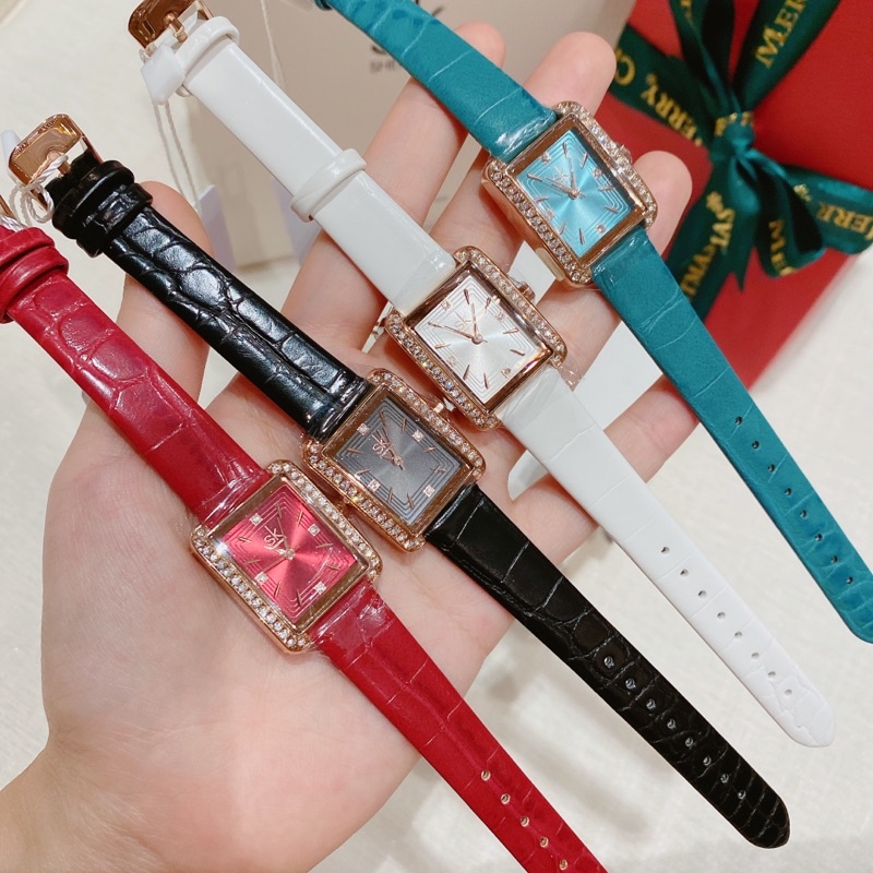 Đồng hồ nữ dây da SK mặt vuông viền pha lê sang chảnh, sẵn full màu như hình (shop tự chụp)