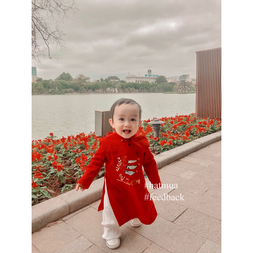 Áo dài bé trai Đại Lộc vải đũi mềm mát thấm hút mồ hôi thêu hình cá