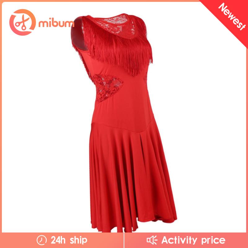 Đầm Khiêu Vũ Latin Dài Cổ Tròn Không Tay Phối Ren Và Tua Rua