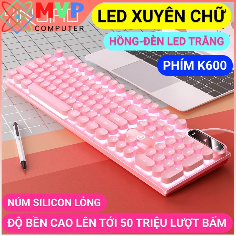 COMBO BÀN PHÍM CHUỘT MÁY TÍNH LAPTOP GAMING YINOIAO K600+G15 CÓ DÂY LED XUYÊN CHỮ NÚT TRÒN NHIỀU MÀU TRẮNG HỒNG XANH TÍM