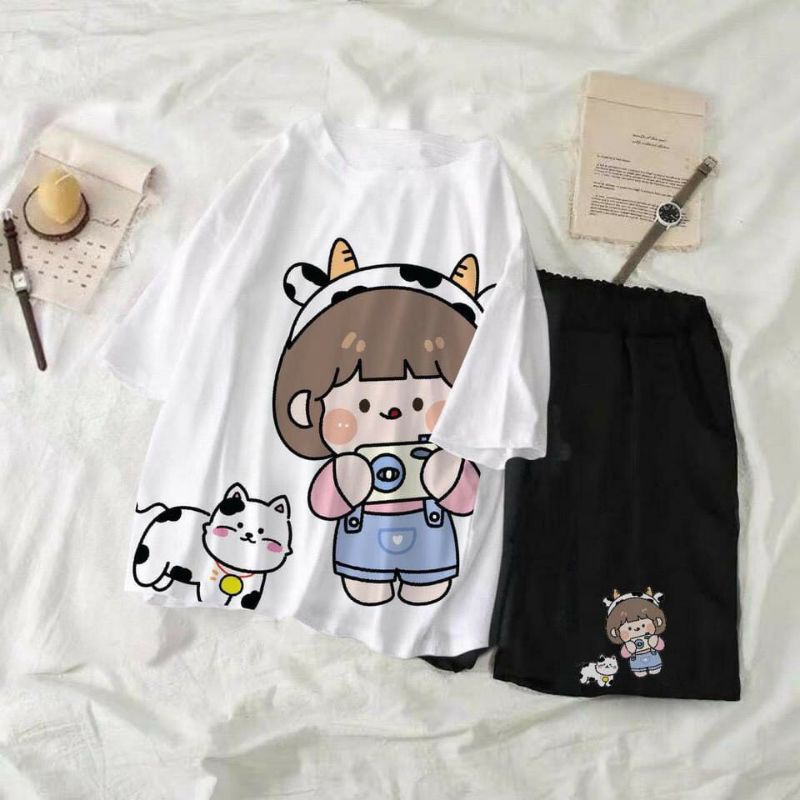 SÉT Đồ bộ  Áo Bò Sữa Milk + quần short ;  set áo thun tay lỡ kèm quần đùi Unisex phong cách Ullzzang Hàn Quốc