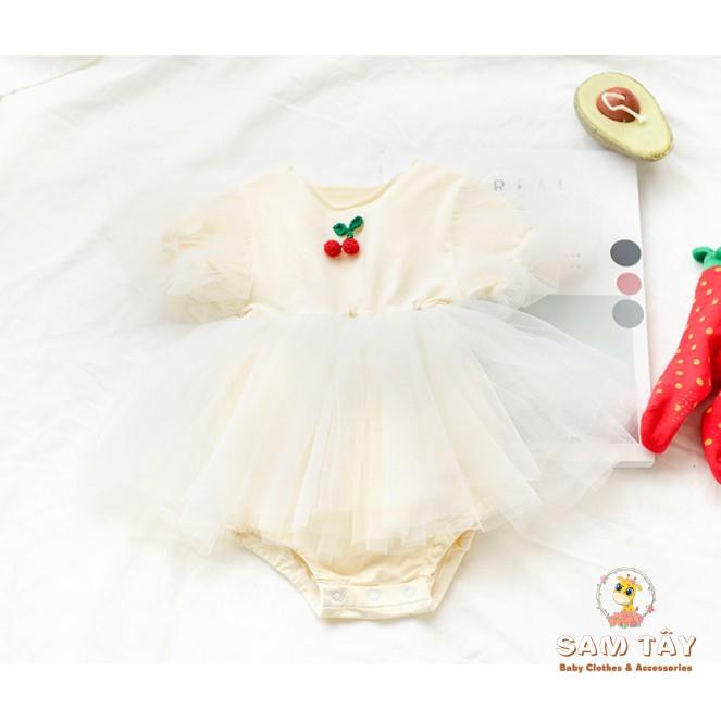 SB21 Váy xòa tay cộc màu beige quả cherry phối voan
