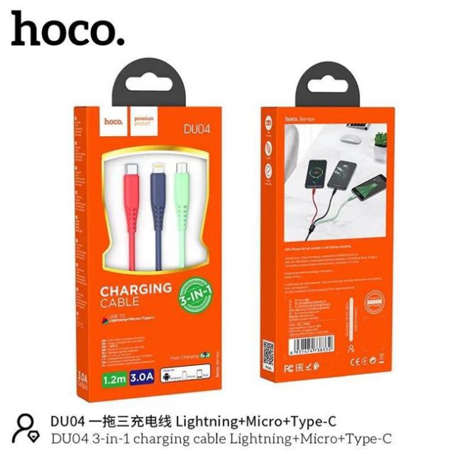 Cáp sạc Hoco DU04 3 in 1 ( Lightning+Micro+Type-C ) sạc nhanh 3.0A, dây dẻo màu sắc, đầu sạc chống gập dài 120cm đa năng