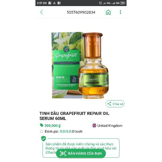 Tinh dầu dưỡng tóc bưởi grapefruit 60ml