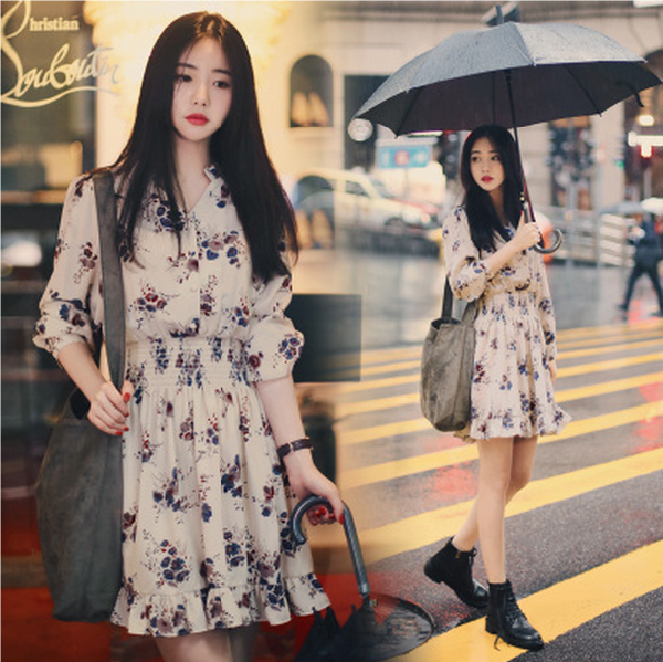 Đầm Chiffon Tay Dài Dáng Rộng In Hoa Nhỏ Kiểu Hàn Quốc Dễ Thương