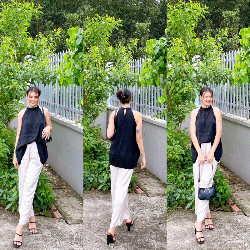 Set bộ áo yếm đen và quần dài lưng thun màu nude