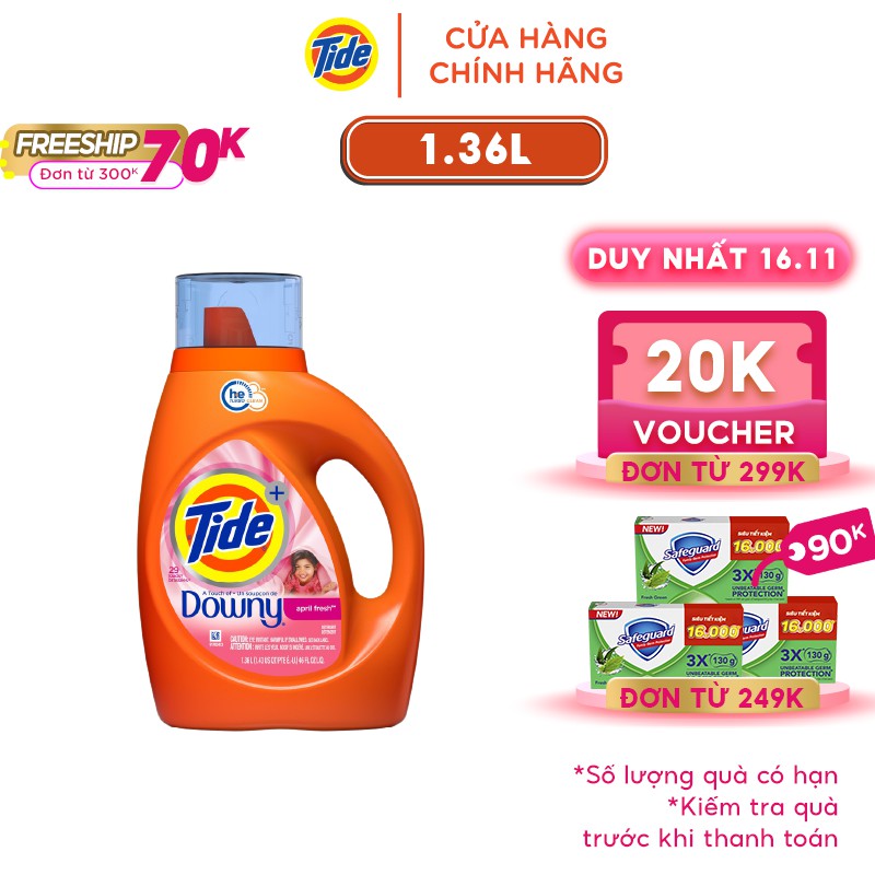 [Mã FMCGMALL -8% đơn 250K] (Hàng nhập khẩu USA) Nước Giặt Cao Cấp Tide Hương Sương Mai 1,36L - Tide Downy April Fresh