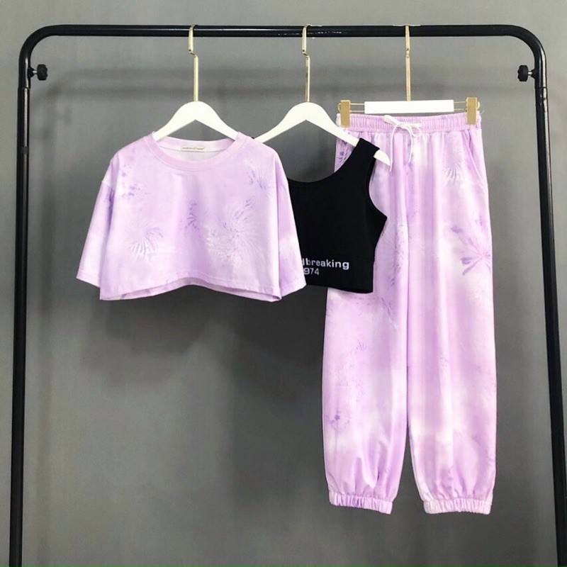 Set áo croptop loang kèm bra + quần jogger loang màu dáng rộng ống bo - Set thể thao 3 món 9 màu