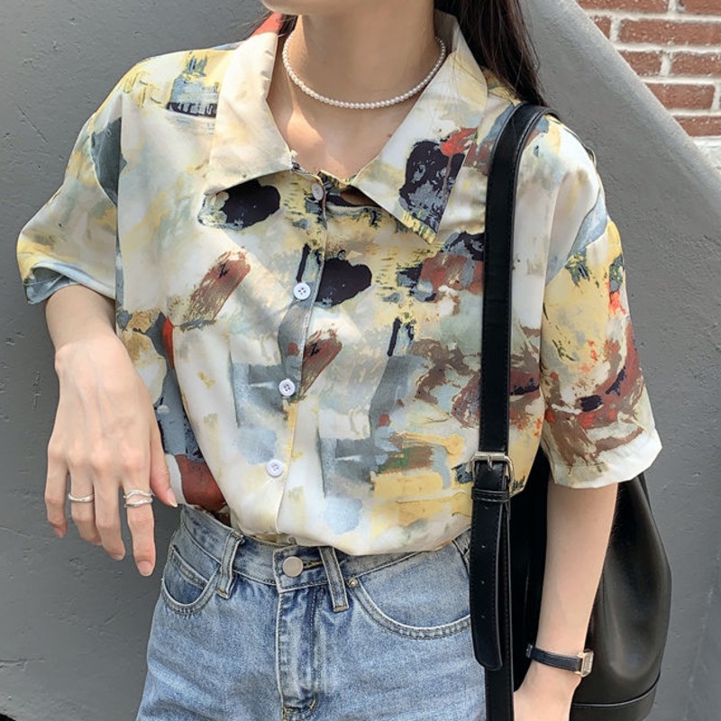 Áo Sơ Mi Tay Ngắn Họa Tiết Hoa Phong Cách Retro Hong Kong 164536 Áo Sơ Mi Dáng Rộng Họa Tiết Hoa Xinh Xắn Dễ Phối Đồ