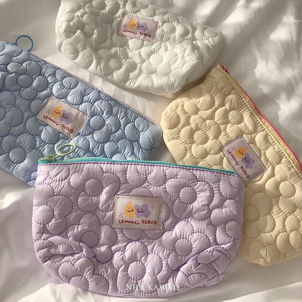 Túi bút vải Lemon Cloud màu pastel, dập viền hoa mềm mại