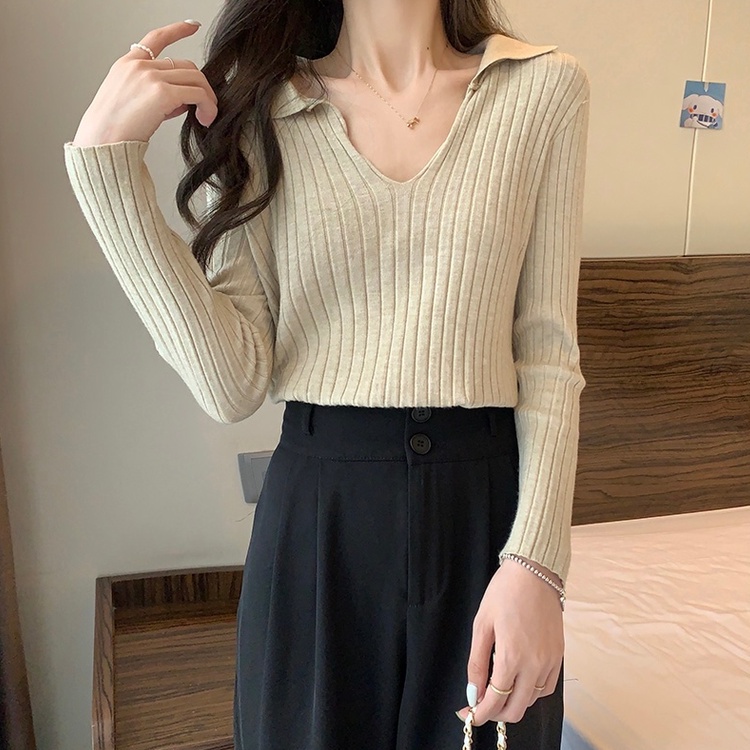 Áo kiểu ZHELIHANGFEI vải dệt kim tay dài cổ polo dáng ôm thời trang cá tính cho nữ