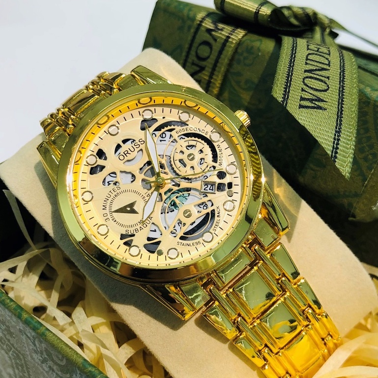 Đồng hồ nam automatic dây kim loại cao cấp màu vàng thời trang lịch chống nước