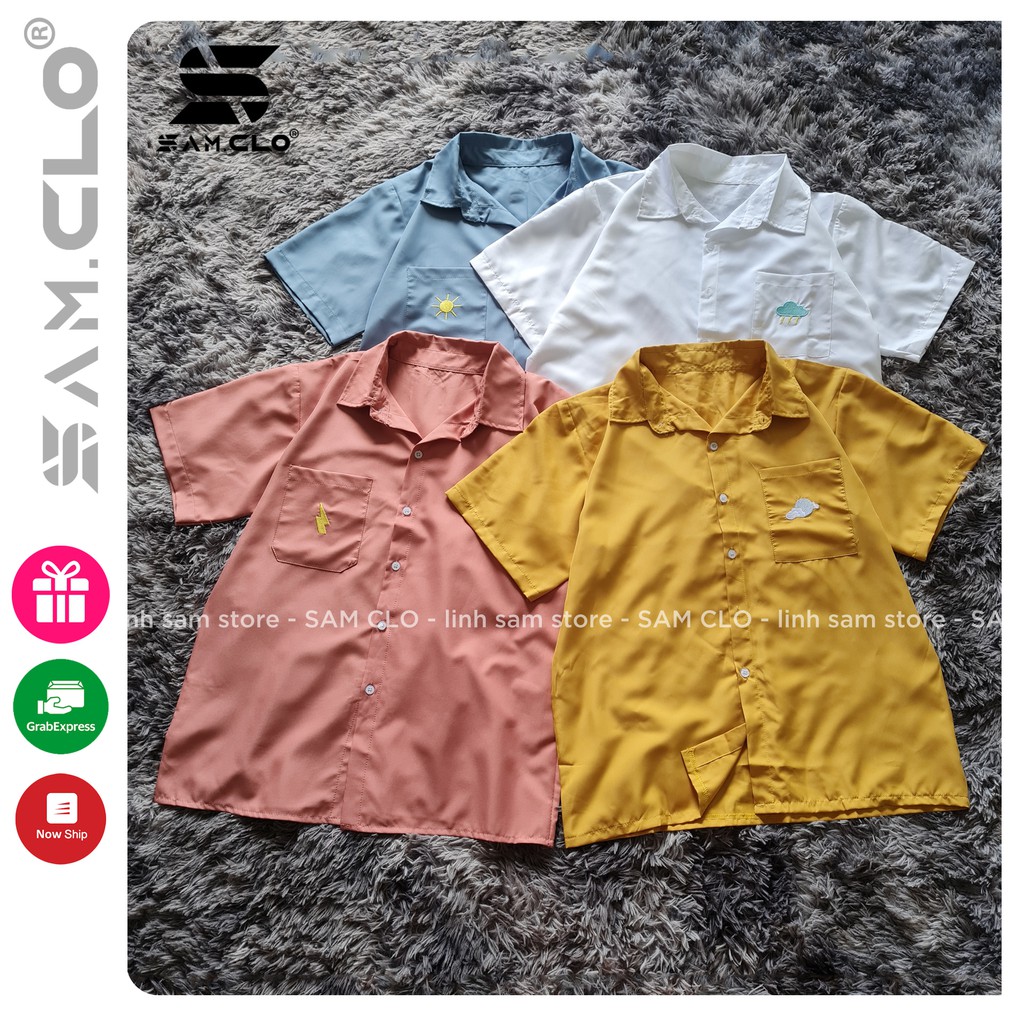 Áo sơ mi nữ SAM CLO cổ bẻ tay ngắn có túi - lỡ ulzzang form freesize dáng rộng unisex mặc cặp, nhóm, couple HÌNH THÊU