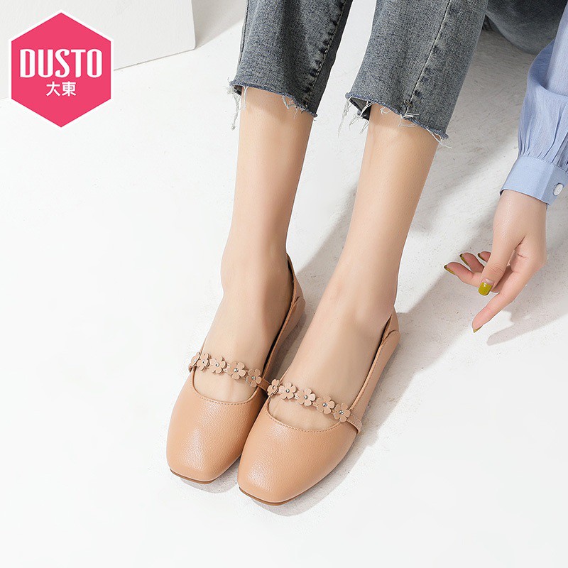 Giày búp bê DUSTO da mềm, mũi viền dây đính hoa, đế bệt 1cm