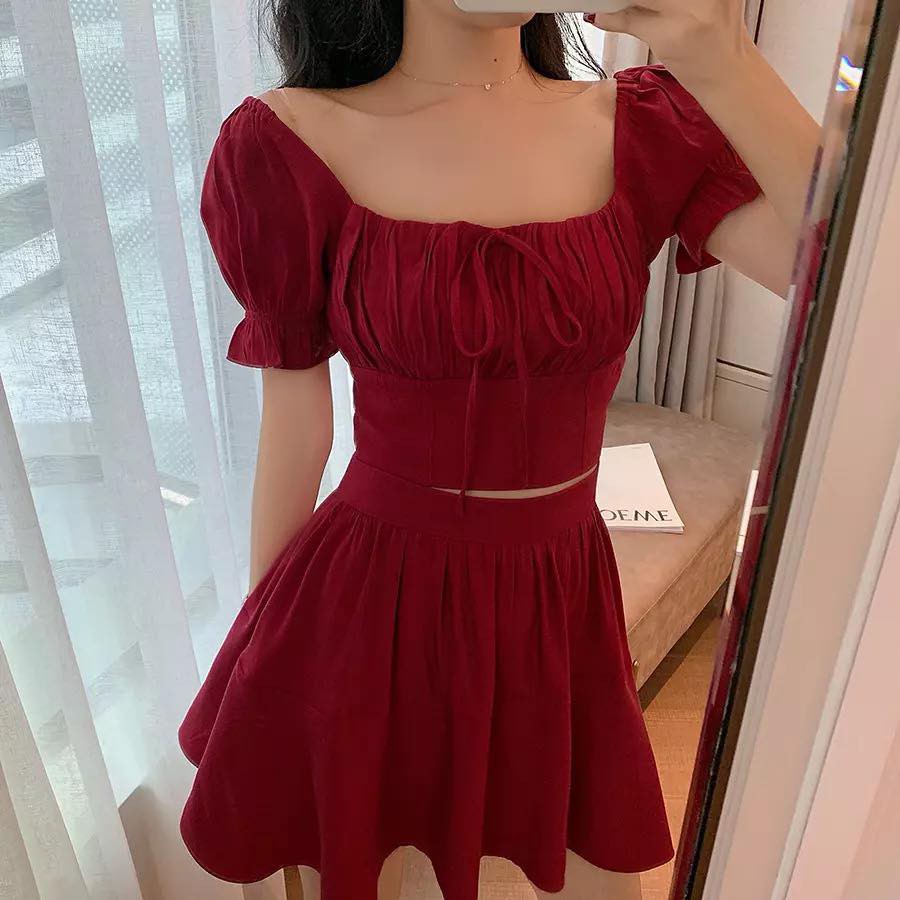 Set chân váy xòe áo croptop tafta đũi ánh nhũ xinh xắn CHIBEST AB265