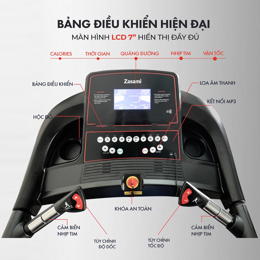 Máy Chạy Bộ Cao Cấp ZASAMI KZ-C201 Thảm chạy chống trơn trượt Bảo hành chính hãng 1 đổi 1 trong vòng 7 ngày