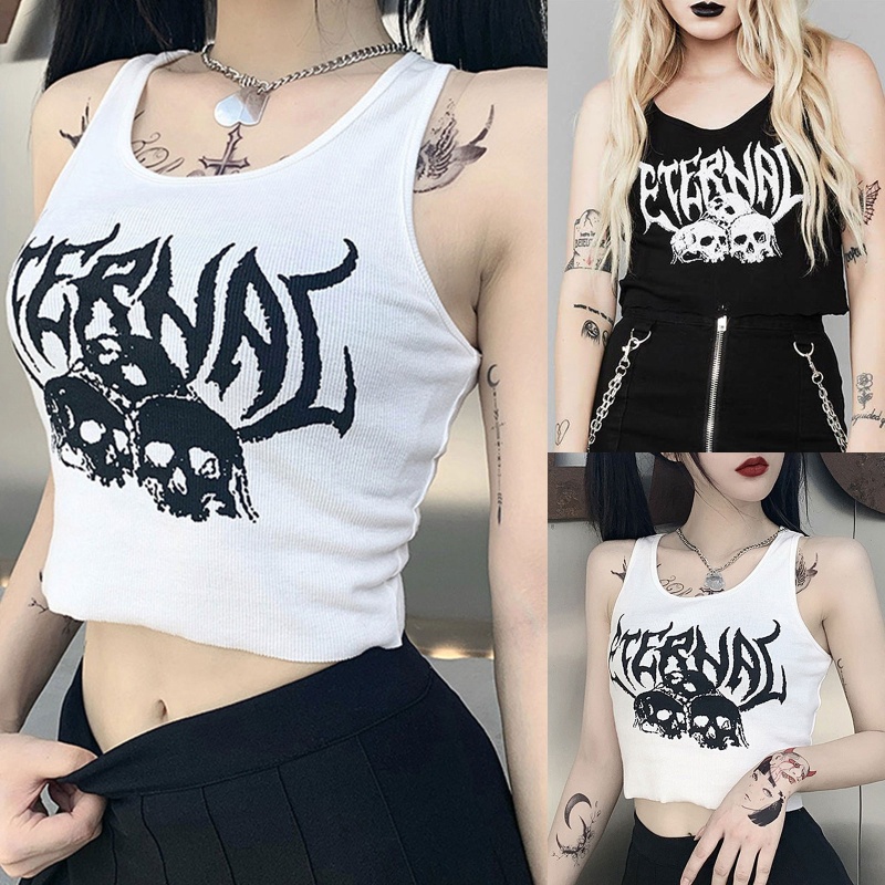 XIXI Áo Croptop Sát Nách In Hình Đầu Lâu Phong Cách Gothic Cổ Điển 90s Thời Trang Cho Nữ