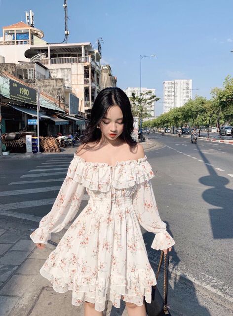 SẴN HÀNG -Đầm voan hoa nhí trễ vai- Full 3 màu