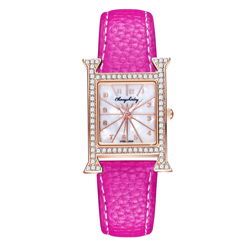 Đồng Hồ Quartz Mặt Vuông Đính Hột Xoàn Dây Da Cho Nữ