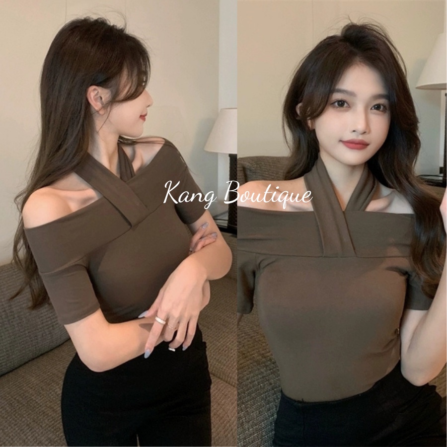 Áo croptop nữ kiểu trễ vai dáng ÔM BODY basic Hàng Quảng Châu Kang Boutique Mã CRT003