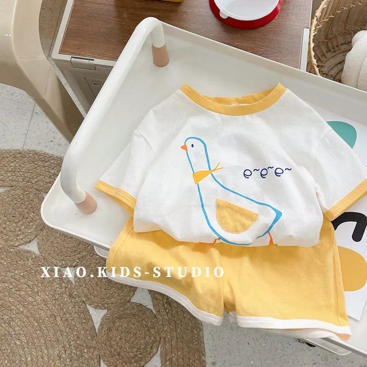 Bộ Áo Thun Cotton Ngắn Tay In Hoạt Hình + Quần Short Thời Trang Mùa Hè Hàn Quốc Dành Cho Bé Trai