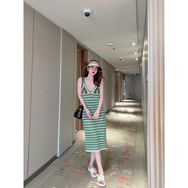 Váy Đầm hai dây len lưới đan thổ cẩm kẻ xanh 2 mẫu dáng dài qua gối nhẹ nhàng sẹc xi hot hit