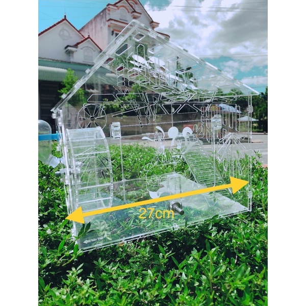 Lồng nuôi hamster giá rẻ, Tặng wheel êm + Bình nước, 27x27x27cm mica trong suốt cao cấp
