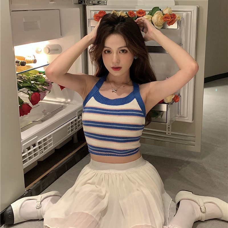 Cô Gái'S Mùa Hè Phong Cách Hàn Quốc Áo hai dây Đan Sọc Nhiều Màu