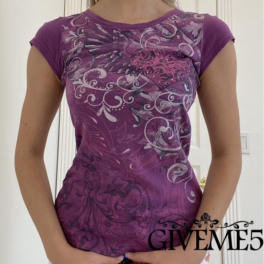 GIVEME-Women’s Casual Short Sleeve T-shirt Vintage Printing Round Neck Exposed Navel Slim Fit Tops