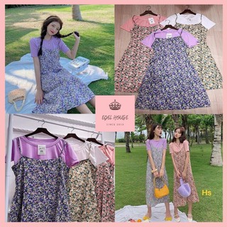 Sét Váy Vintage Hoa Nhí Mix Áo Phông Áo Chât Thun Dãn Váy Yếm Cotton Edel E968