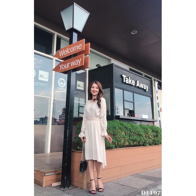 đầm nữ dáng midi  màu kem tôn dáng che khuyết điểm Đầm Nữ Hoài Thương
