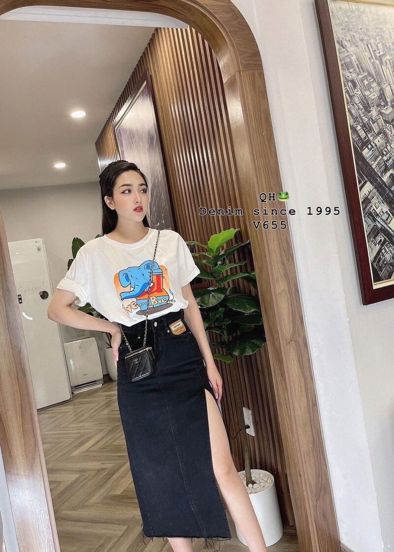 Chân Váy Denim Lưng Cao Xẻ Tà Quyến Rũ Cho Nữ | BigBuy360 - bigbuy360.vn